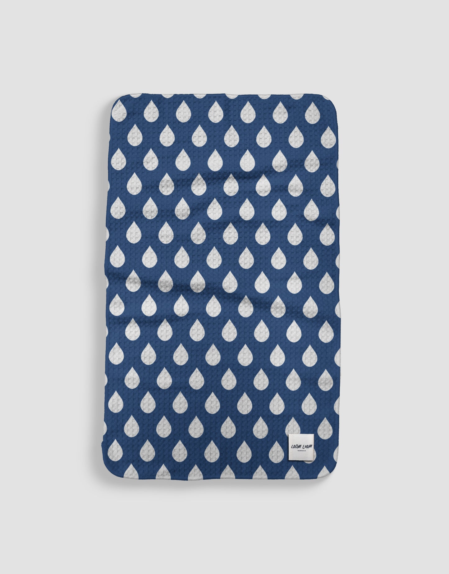 Loom Loom Kitchen Tea Towel - Navy Blue White Raindrops Pattern Print Eco Microfiber Waffle Woven Towels