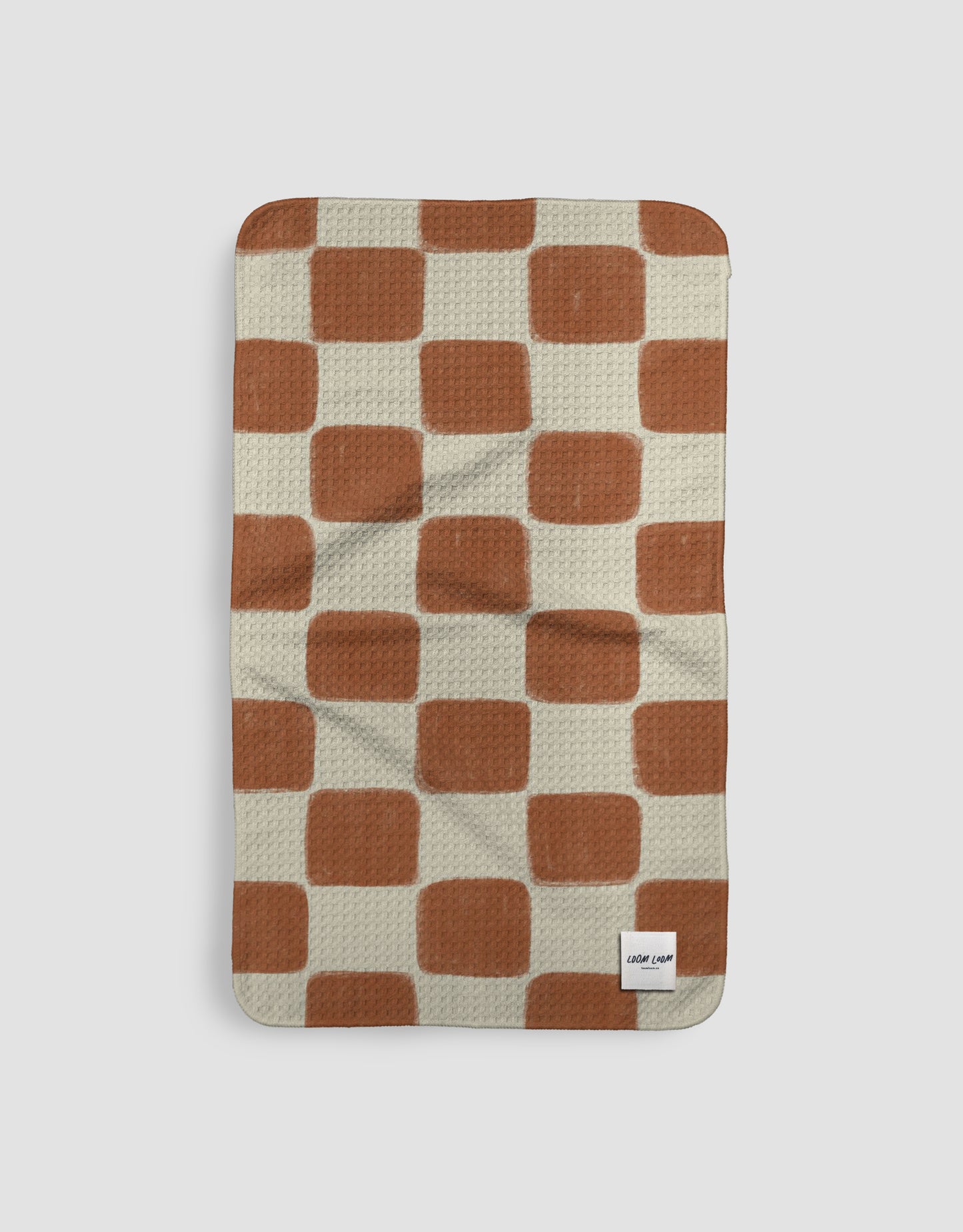 Loom Loom Kitchen Tea Towel - Hand Drawn Red Orange Checkerboard Pattern Print Eco Microfiber Waffle Woven Towel