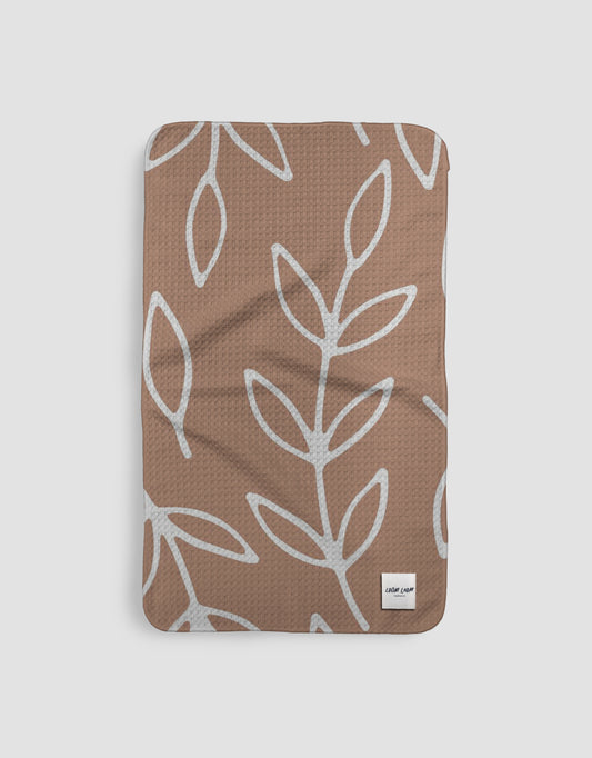 Loom Loom Kitchen Tea Towel - Tan White Stem Leaves Print Eco Microfiber Waffle Woven Towel