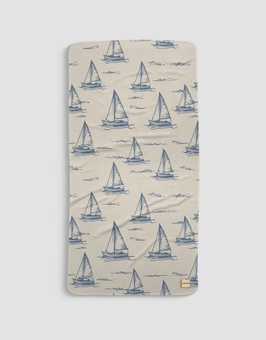 Loom Loom Bath Beach Towel - Blue Tan Sailboats Repeating Pattern Print Eco Microfiber Waffle Woven Towels