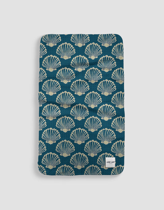 Loom Loom Kitchen Tea Towel - Teal Blue White Repeating Seashells Shells Pattern Print Eco Microfiber Waffle Woven Towels