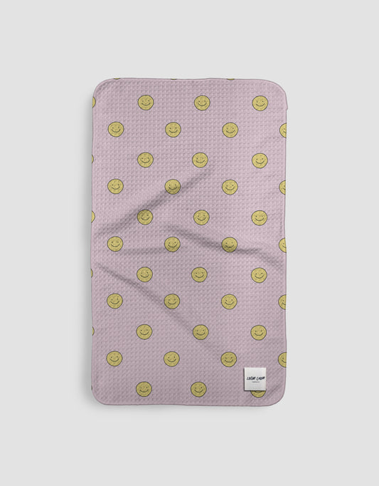 Loom Loom Kitchen Tea Towel - Pink Yellow Smiley Face Repeating Pattern Print Eco Microfiber Waffle Woven Towels