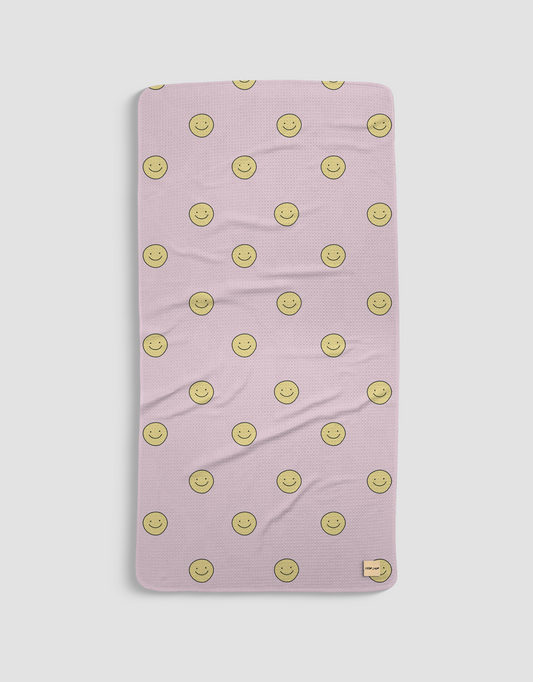 Loom Loom Bath Beach Towel - Pink Yellow Smiley Face Repeating Pattern Print Eco Microfiber Waffle Woven Towels