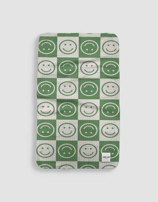 Loom Loom Kitchen Tea Towel - Green White Smiley Face Checkerboard Pattern Print Eco Microfiber Waffle Woven Towel