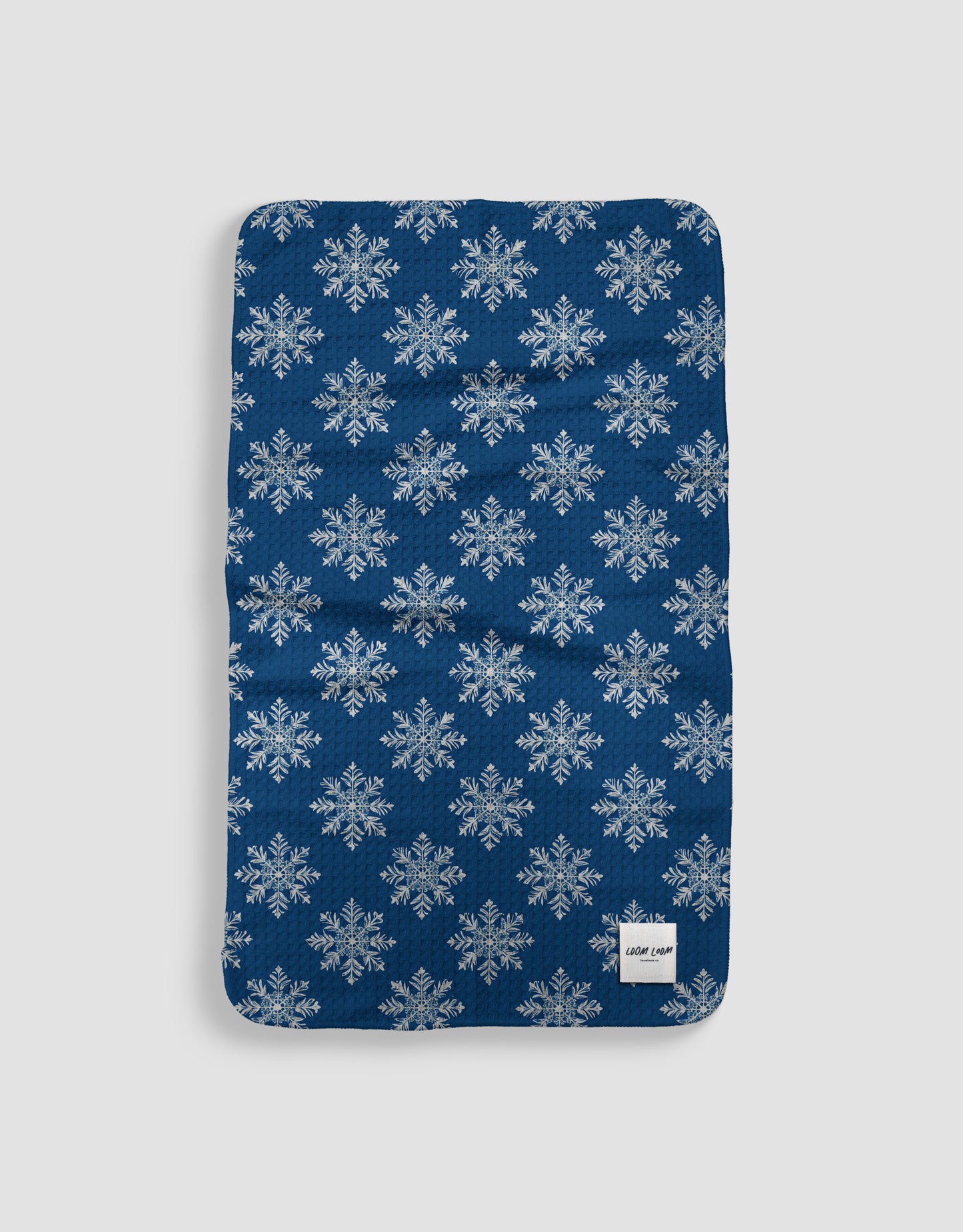 Loom Loom Kitchen Tea Towel - Blue White Snowflakes Repeating Pattern Print Eco Microfiber Waffle Woven Towels