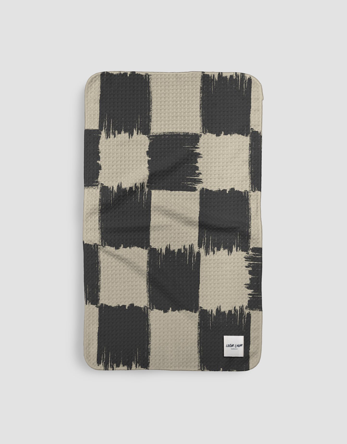 Loom Loom Kitchen Tea Towel - Black White Squiggle Checkerboard Pattern Print Eco Microfiber Waffle Woven Towel