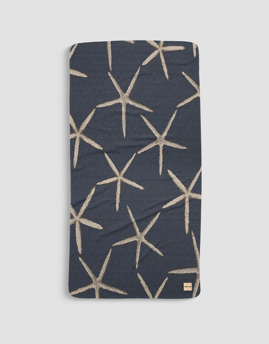 Loom Loom Bath Beach Towel - Navy Blue Tan Starfish Repeating Ocean Pattern Print Eco Microfiber Waffle Woven Towels