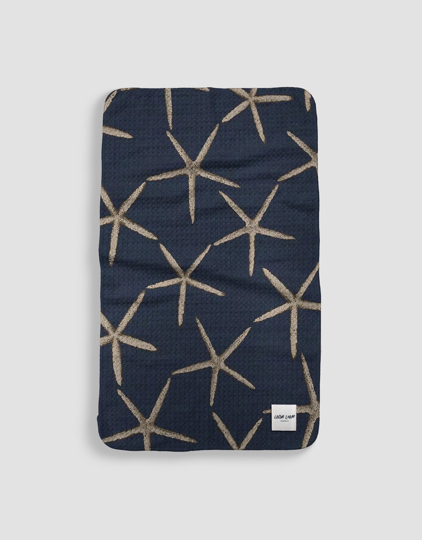 Loom Loom Kitchen Tea Towel - Dark Blue Tan Starfish Pattern Print Eco Microfiber Waffle Woven Towels