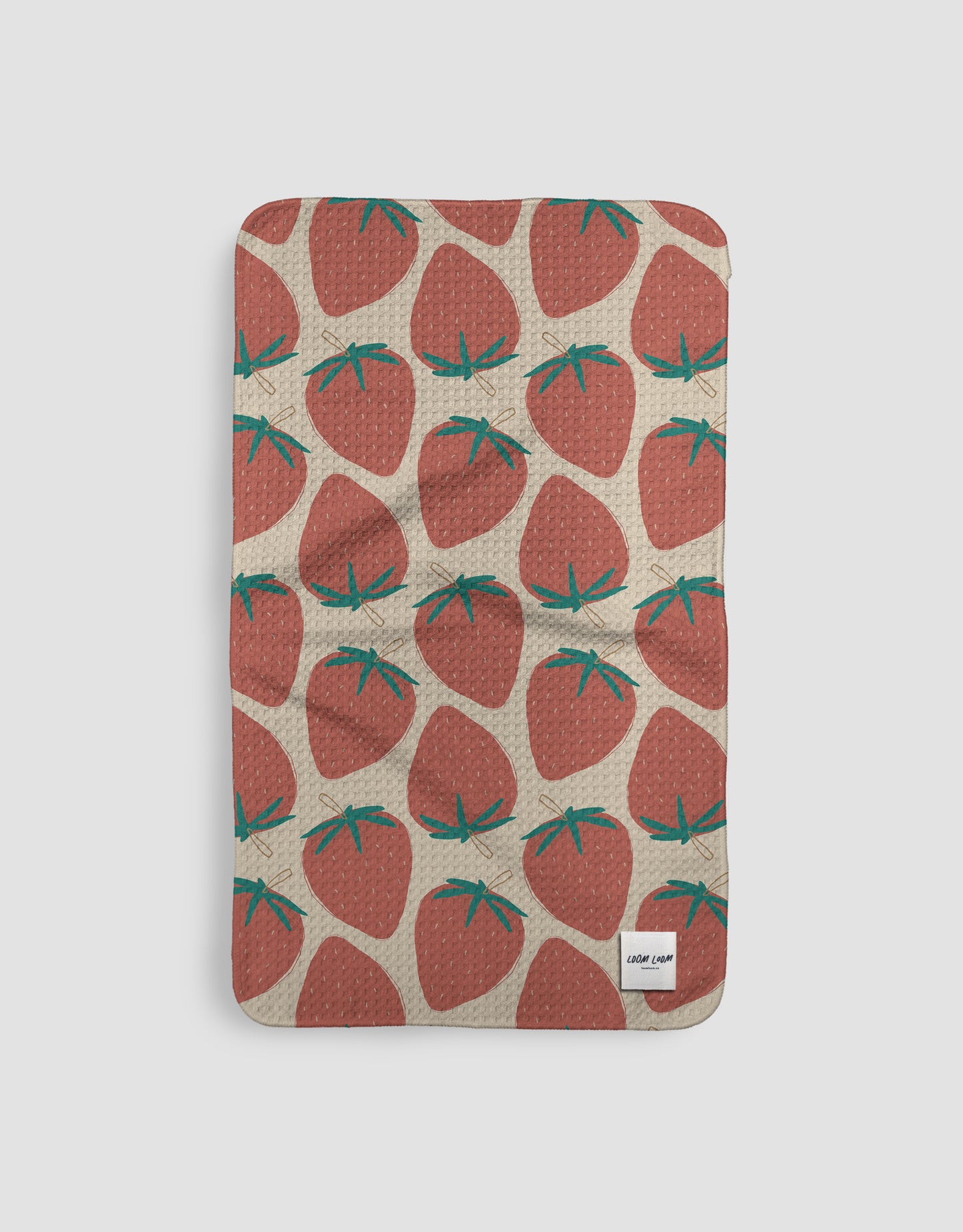 Loom Loom Kitchen Tea Towel - Tan Red Strawberries Fruit Pattern Print Eco Microfiber Waffle Woven Towels