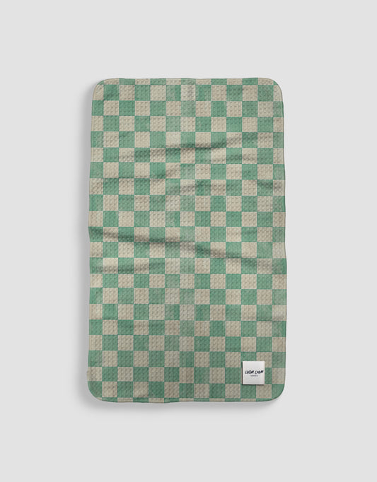 Loom Loom Kitchen Tea Towel - Seafoam Blue Checkerboard Pattern Print Eco Microfiber Waffle Woven Towels