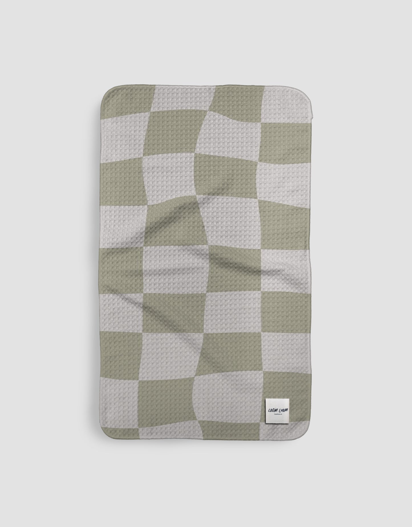 Loom Loom Kitchen Tea Towel - Olive Green Warped Checkerboard Pattern Print Eco Microfiber Waffle Woven Towel