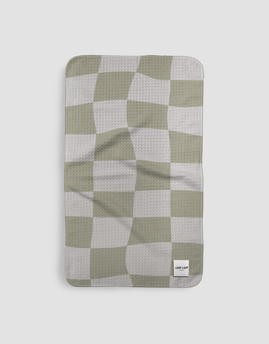 Loom Loom Kitchen Tea Towel - Olive Green Warped Checkerboard Pattern Print Eco Microfiber Waffle Woven Towel