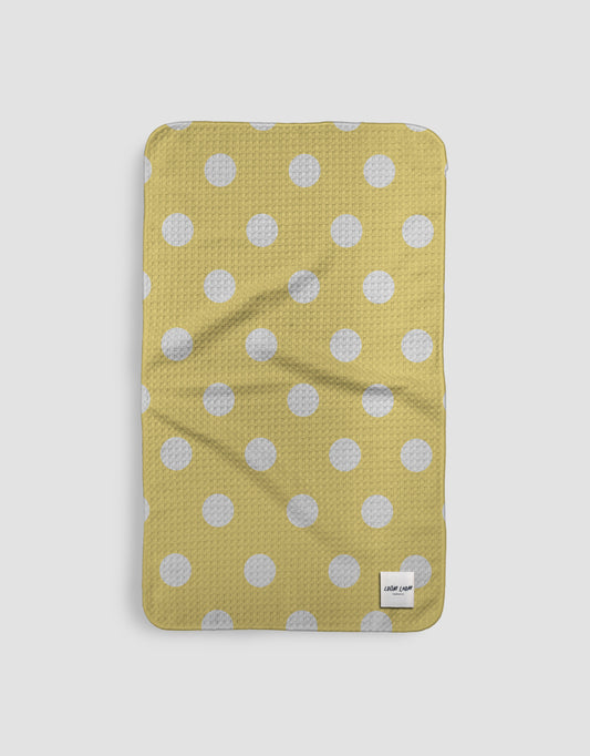 Loom Loom Kitchen Tea Towel - Yellow White Polka Dots Pattern Print Eco Microfiber Waffle Woven Towels